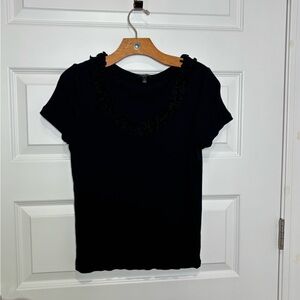 Talbots Navy Short Sleeve Top with Ruffle Collar